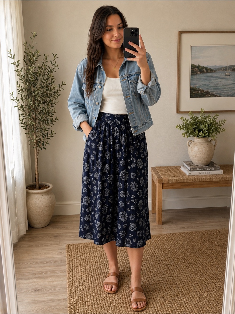 Navy Blue Printed Midi Skirt | Flowy Boho Elastic Waist | Size Small